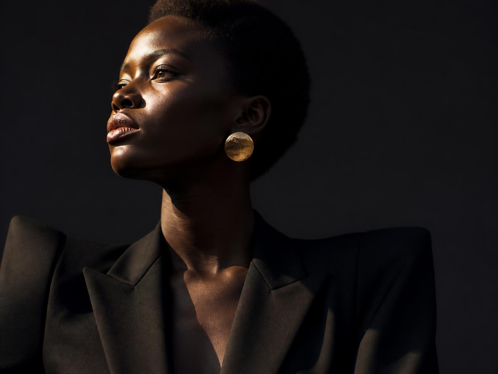 Editorial portrait of a woman in structured couture tailoring under gold rim light